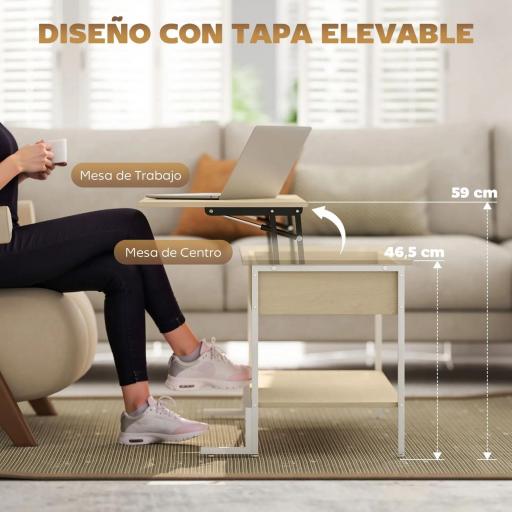 Mesa de Centro Elevable con Cierre Suave Espacio Oculto de Almacenaje y Estante Abierto 95x40x59 cm Natural y Blanco [3]