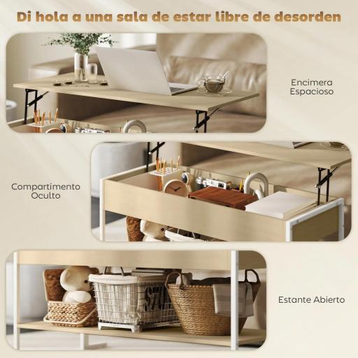 Mesa de Centro Elevable con Cierre Suave Espacio Oculto de Almacenaje y Estante Abierto 95x40x59 cm Natural y Blanco [6]