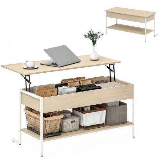 Mesa de Centro Elevable con Cierre Suave Espacio Oculto de Almacenaje y Estante Abierto 95x40x59 cm Natural y Blanco [8]