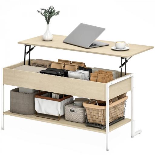 Mesa de Centro Elevable con Cierre Suave Espacio Oculto de Almacenaje y Estante Abierto 95x40x59 cm Natural y Blanco [9]
