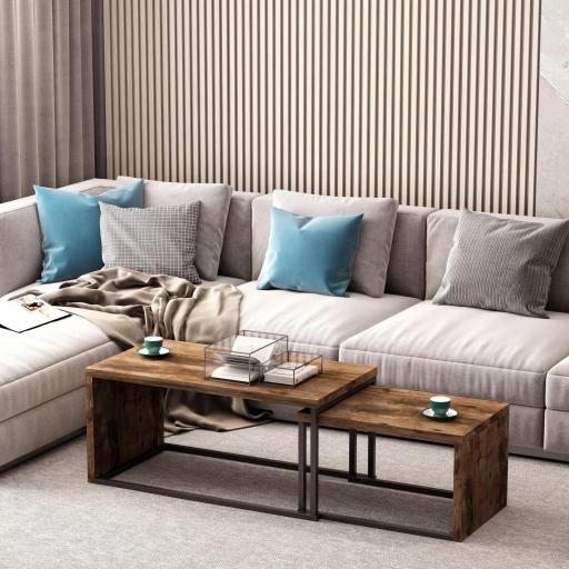 Juego de 2 Mesas de Centro, Mesa Nido Moderna, Mesitas Auxiliares, Marco de Metal, para Salón, Dormitorio, Grande 90x48x42 cm y Pequeña 59x42x36 cm, Marrón Rústico y Negro