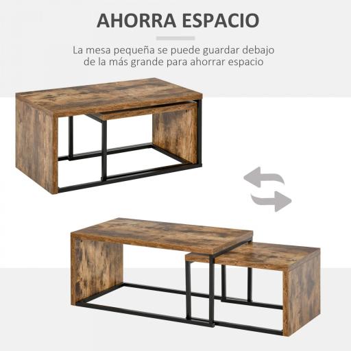 Juego de 2 Mesas de Centro, Mesa Nido Moderna, Mesitas Auxiliares, Marco de Metal, para Salón, Dormitorio, Grande 90x48x42 cm y Pequeña 59x42x36 cm, Marrón Rústico y Negro [4]