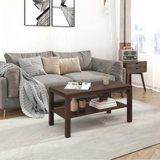 Mesa de Centro Moderna Mesa Baja con 2 Estantes de Almacenamiento Mesita para Salón Carga 20 kg 90x45x44,5 cm Nogal [5]