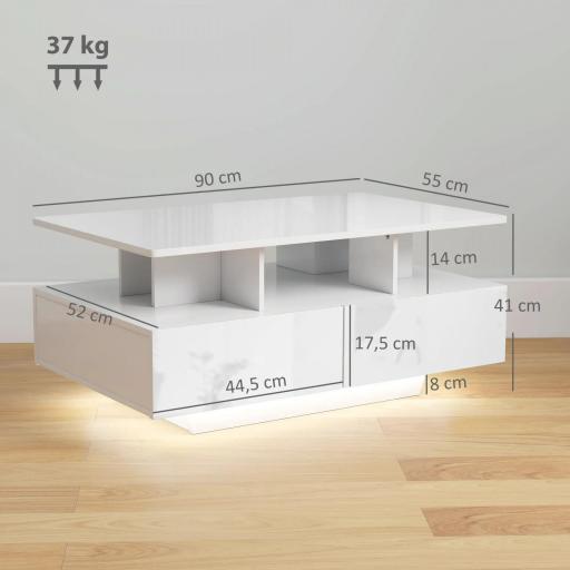 Mesa de Centro LED Moderna con 4 Cajones Estante Abierto y Luces LED de 16 Colores para Salón 90x55x41 cm Blanco Brillo [1]