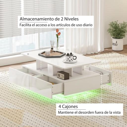 Mesa de Centro LED Moderna con 4 Cajones Estante Abierto y Luces LED de 16 Colores para Salón 90x55x41 cm Blanco Brillo [3]