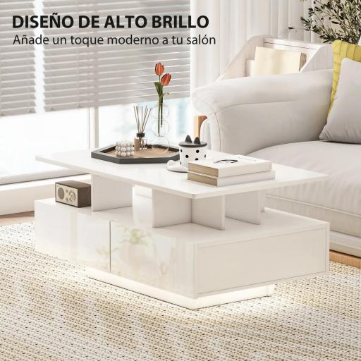 Mesa de Centro LED Moderna con 4 Cajones Estante Abierto y Luces LED de 16 Colores para Salón 90x55x41 cm Blanco Brillo [4]