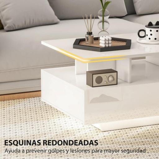 Mesa de Centro LED Moderna con 4 Cajones Estante Abierto y Luces LED de 16 Colores para Salón 90x55x41 cm Blanco Brillo [5]