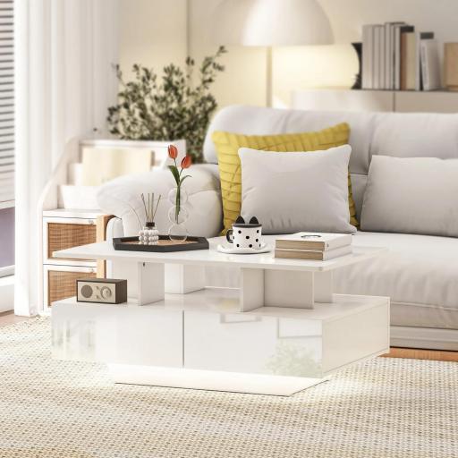 Mesa de Centro LED Moderna con 4 Cajones Estante Abierto y Luces LED de 16 Colores para Salón 90x55x41 cm Blanco Brillo [6]