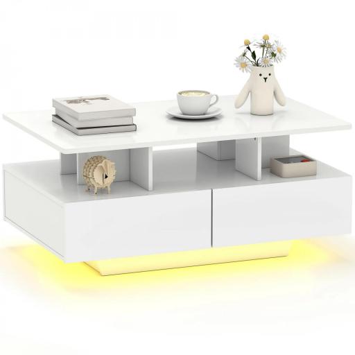 Mesa de Centro LED Moderna con 4 Cajones Estante Abierto y Luces LED de 16 Colores para Salón 90x55x41 cm Blanco Brillo [8]