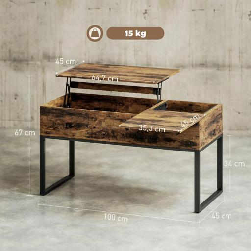 Mesa de Centro Elevable con Encimera Deslizante Cierre Suave Espacio Oculto de Almacenaje 100x45x67 cm Marrón Rústico [1]
