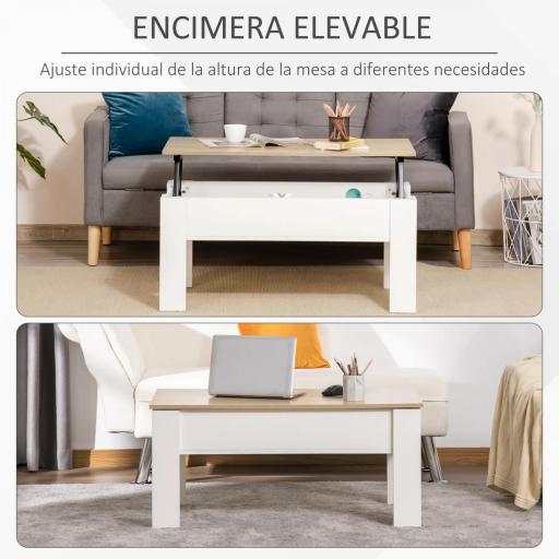 Mesa de Centro Elevable con Encimera Elevable con Espacio Oculto de Almacenaje 100x50x45-58,5 cm Blanco y Natural [3]