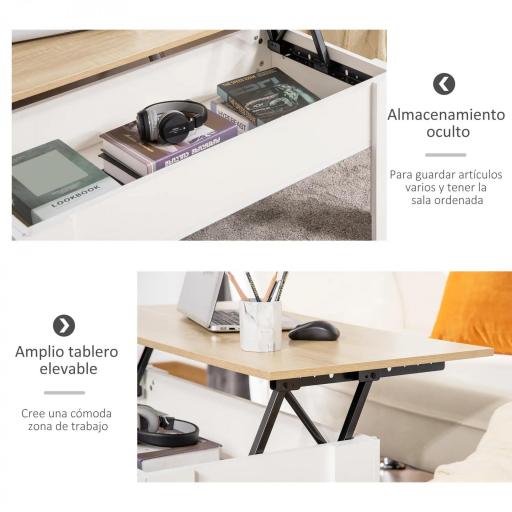 Mesa de Centro Elevable con Encimera Elevable con Espacio Oculto de Almacenaje 100x50x45-58,5 cm Blanco y Natural [2]