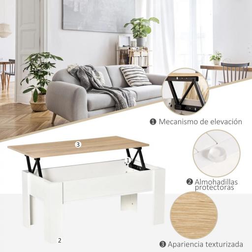 Mesa de Centro Elevable con Encimera Elevable con Espacio Oculto de Almacenaje 100x50x45-58,5 cm Blanco y Natural [4]