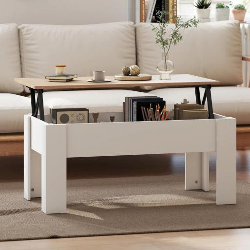 Mesa de Centro Elevable con Encimera Elevable con Espacio Oculto de Almacenaje 100x50x45-58,5 cm Blanco y Natural [5]
