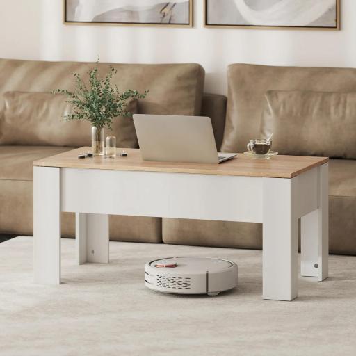 Mesa de Centro Elevable con Encimera Elevable con Espacio Oculto de Almacenaje 100x50x45-58,5 cm Blanco y Natural [6]