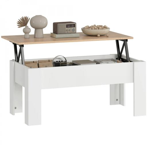 Mesa de Centro Elevable con Encimera Elevable con Espacio Oculto de Almacenaje 100x50x45-58,5 cm Blanco y Natural [9]