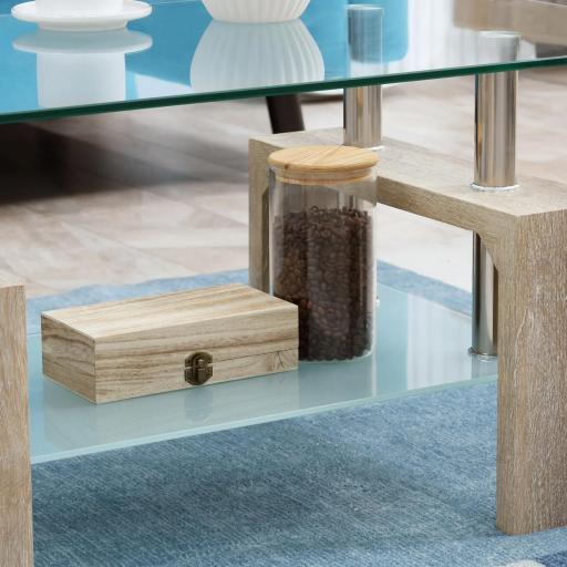 Mesa de Centro Rectangular de Vidrio con Estante Patas de Madera Estilo Moderno 90x50x42 cm Madera Natural [3]