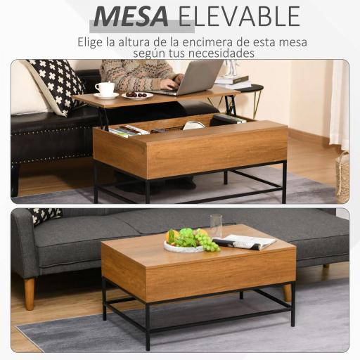 Mesa de Centro Elevable Mesa de Centro con Espacio de Almacenaje Oculto Mesa Elevable para Salón Comedor 90x60,5x45,5 cm Teca [4]