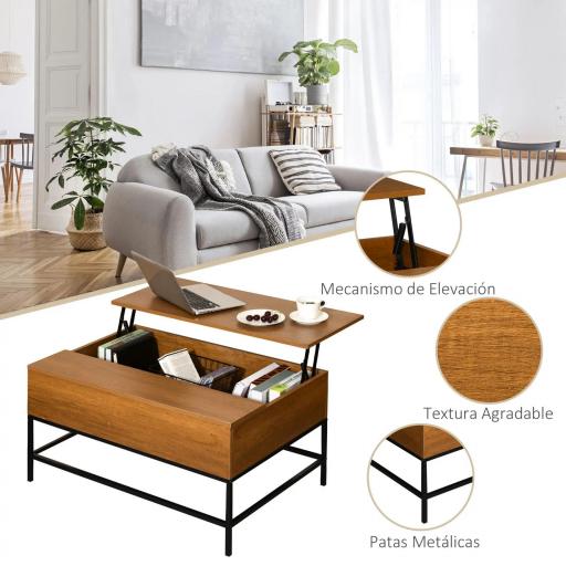 Mesa de Centro Elevable Mesa de Centro con Espacio de Almacenaje Oculto Mesa Elevable para Salón Comedor 90x60,5x45,5 cm Teca [9]