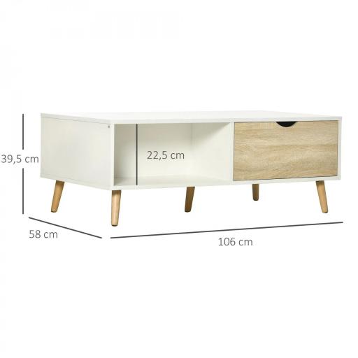 Mesa de Centro Rectangular Mesa con 2 Cajones y Compartimientos Abiertos Estilo Nórdico 106x58x39,5 cm Blanco [1]