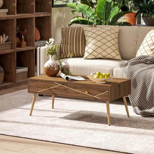 Mesa de Centro con 2 Cajones y Patas de Acero para Sala de Estar Dormitorio 100x50x41 cm Marrón