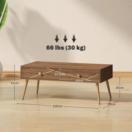 Mesa de Centro con 2 Cajones y Patas de Acero para Sala de Estar Dormitorio 100x50x41 cm Marrón [1]