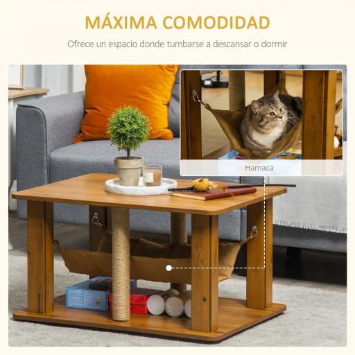 Mesa de Centro Hamaca para Gatos con 2 Postes Rascadores de Yute y Estante Inferior de Almacenaje 79x59x45,5 cm Marrón [3]