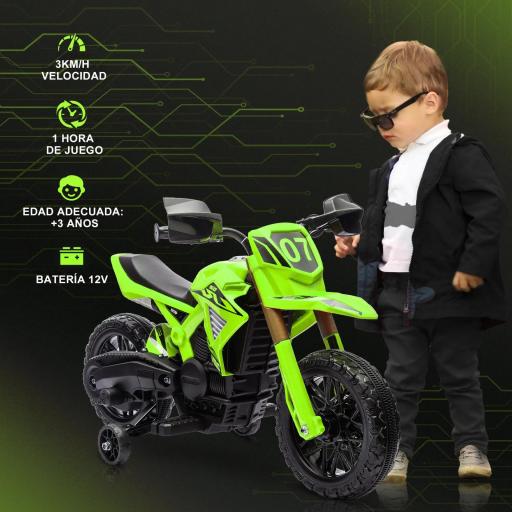 Moto Eléctrica para Niños de +3 Años Moto a Batería para Niños 12V con Ruedas de Auxiliar y Bocina Carga 30 kg Verde [8]