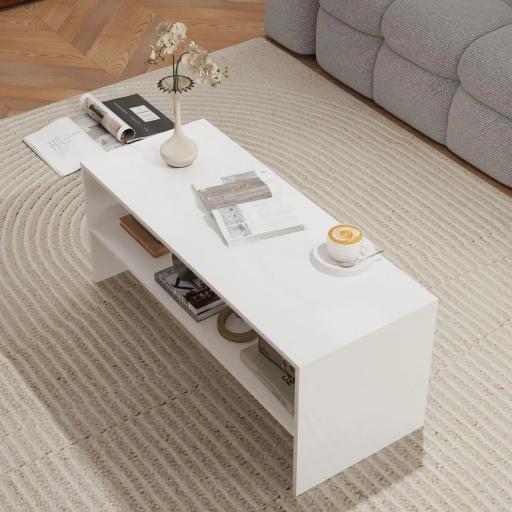 Mesa de Centro Mesa Auxiliar con Compartimento Abierto Mesa de Café 100x40x41,5 cm Blanco Brillante [3]