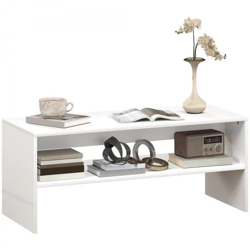 Mesa de Centro Mesa Auxiliar con Compartimento Abierto Mesa de Café 100x40x41,5 cm Blanco Brillante [6]