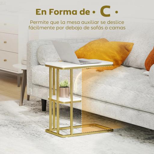 Mesa Auxiliar Estructura en C Estrecha con Estante Mesita de Noche Moderna 50x30x57,5 cm Blanco Efecto Mármol [2]