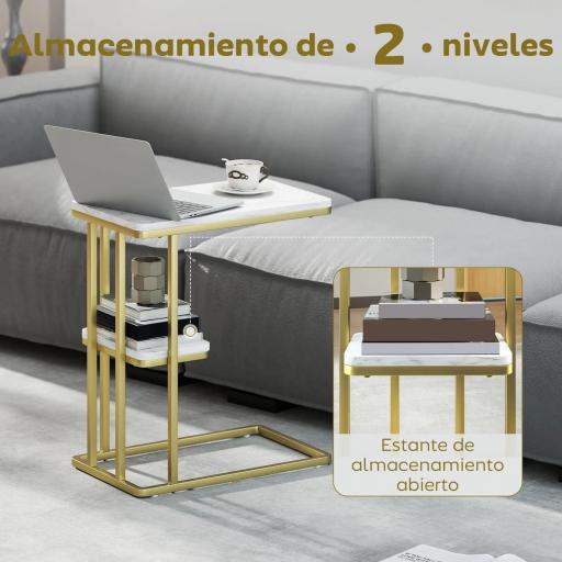 Mesa Auxiliar Estructura en C Estrecha con Estante Mesita de Noche Moderna 50x30x57,5 cm Blanco Efecto Mármol [3]