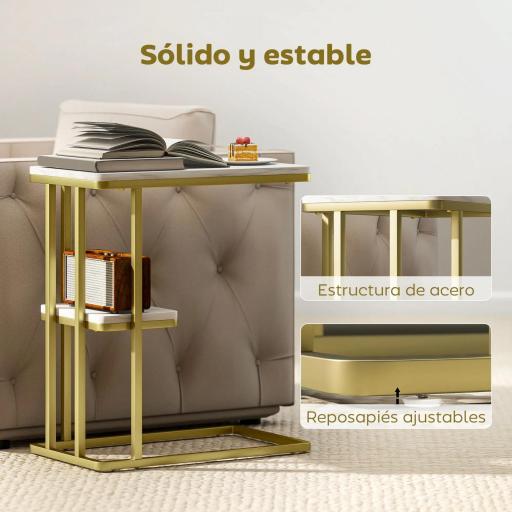 Mesa Auxiliar Estructura en C Estrecha con Estante Mesita de Noche Moderna 50x30x57,5 cm Blanco Efecto Mármol [4]