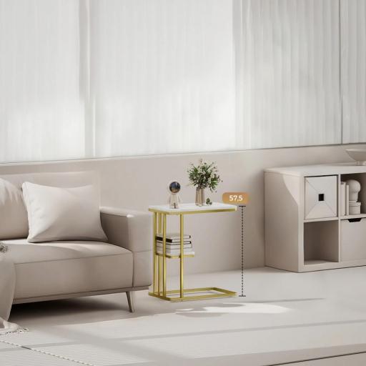 Mesa Auxiliar Estructura en C Estrecha con Estante Mesita de Noche Moderna 50x30x57,5 cm Blanco Efecto Mármol [6]