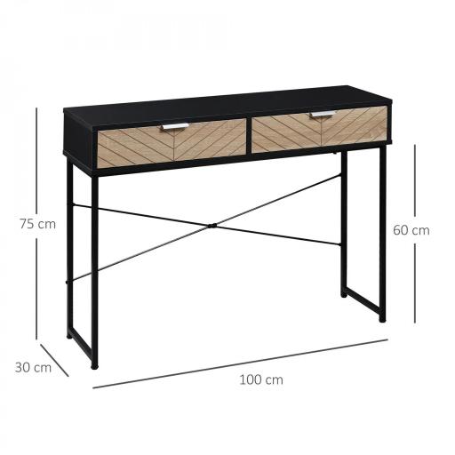 Mesa de Consola Estrecha con 2 Cajones Diseño de Líneas Talladas Estilo Moderna Negro y Roble [1]