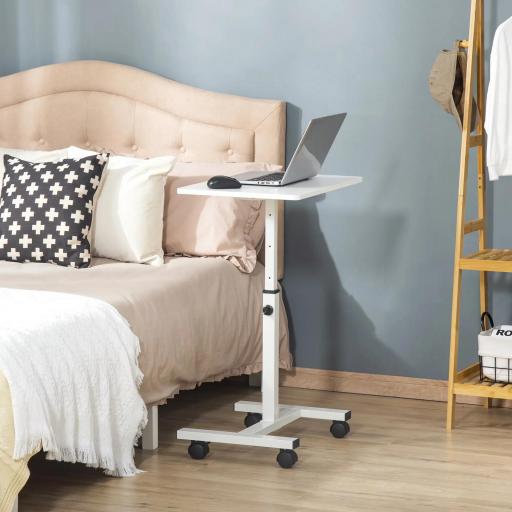 Mesa Auxiliar con Ruedas Mesita Lateral para Sofá Cama Altura Ajustable Marco de Metal y Frenos 60x40x52,5-84 cm Blanco