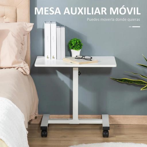 Mesa Auxiliar con Ruedas Mesita Lateral para Sofá Cama Altura Ajustable Marco de Metal y Frenos 60x40x52,5-84 cm Blanco [2]