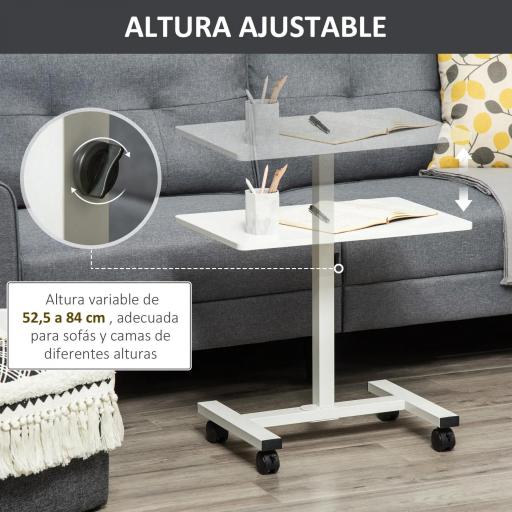 Mesa Auxiliar con Ruedas Mesita Lateral para Sofá Cama Altura Ajustable Marco de Metal y Frenos 60x40x52,5-84 cm Blanco [3]