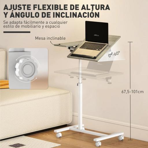 Mesa Auxiliar con Ruedas Altura Ajustable Superficie Inclinable y Marco de Metal 57x40x67,5-101 cm Roble y Blanco [5]