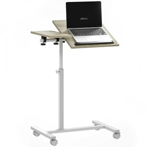 Mesa Auxiliar con Ruedas Altura Ajustable Superficie Inclinable y Marco de Metal 57x40x67,5-101 cm Roble y Blanco [7]