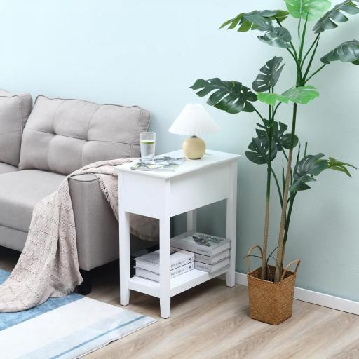 Mesa Auxiliar con Tapa Abatible Estante y Orificio para Cables para Salón Cama Dormitorio 60,5x32,5x70 cm Blanco