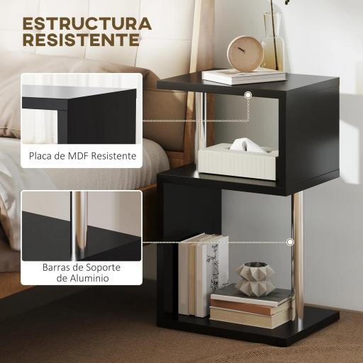 Mesa Auxiliar con Luz LED de 3 Niveles con Estantes y Estructura de Aluminio para Salón Dormitorio 44x38x75 cm Negro [8]
