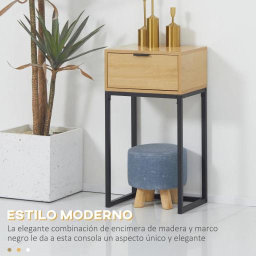 Mesa Auxiliar con Cajón Mesita Auxiliar Moderna con Patas de Acero para Pasillo Salón 40x30x76cm Natural [1]