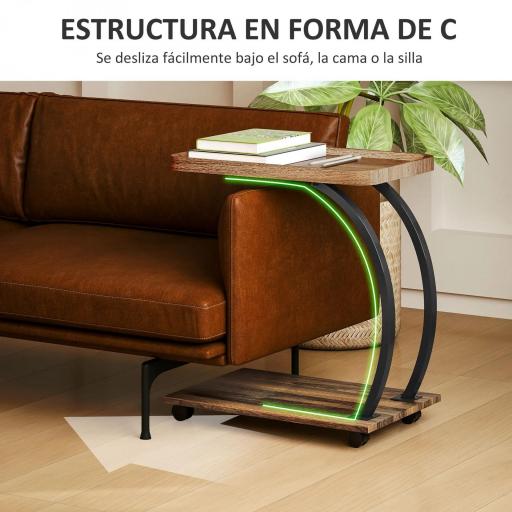 Mesa Auxiliar en Forma de C con Ruedas Bandeja Superior y Estante Inferior para Sofá o Cama 52x34x60 cm Marrón y Negro [6]