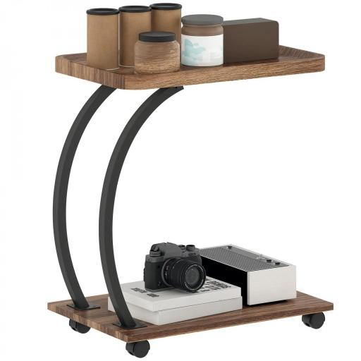 Mesa Auxiliar en Forma de C con Ruedas Bandeja Superior y Estante Inferior para Sofá o Cama 52x34x60 cm Marrón y Negro [8]