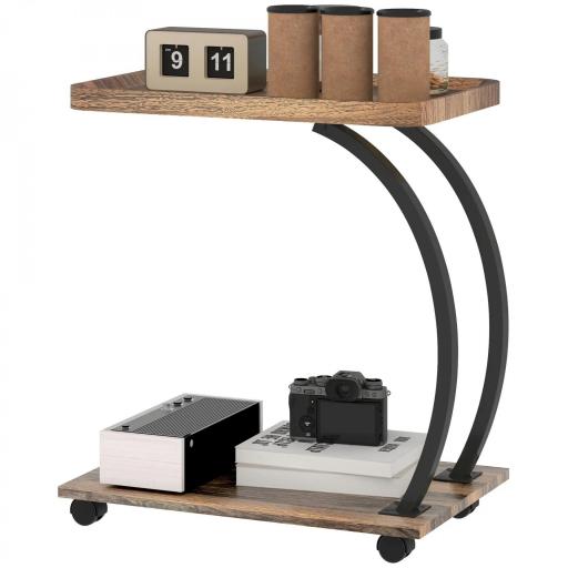 Mesa Auxiliar en Forma de C con Ruedas Bandeja Superior y Estante Inferior para Sofá o Cama 52x34x60 cm Marrón y Negro [9]