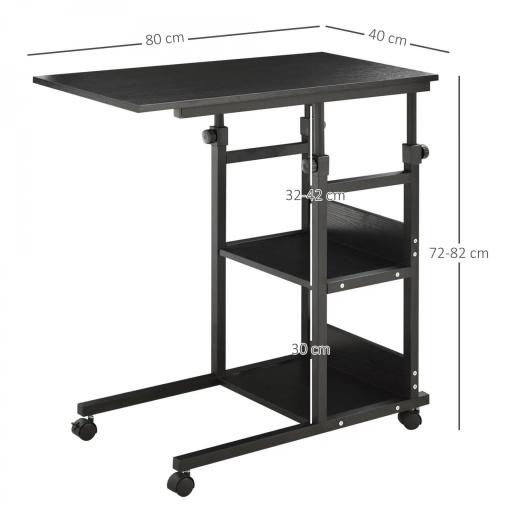 Mesa Auxiliar con Ruedas 80x40 cm Mesa para Sofá en Forma de C con Altura Ajustable 3 Niveles de 72-82 cm Marco de Metal para Salón Cocina Negro [1]