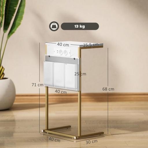 Mesa Auxiliar Estilo Marmolizado con Cargador USB y Espacio de Almacenaje 25,5x40x71 cm Blanco y Dorado [1]
