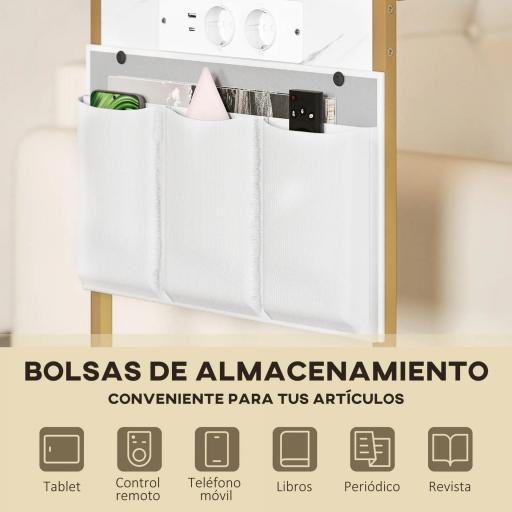 Mesa Auxiliar Estilo Marmolizado con Cargador USB y Espacio de Almacenaje 25,5x40x71 cm Blanco y Dorado [5]