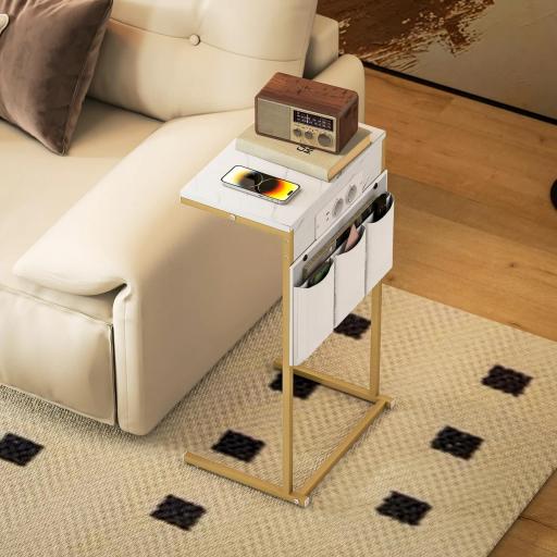 Mesa Auxiliar Estilo Marmolizado con Cargador USB y Espacio de Almacenaje 25,5x40x71 cm Blanco y Dorado [7]